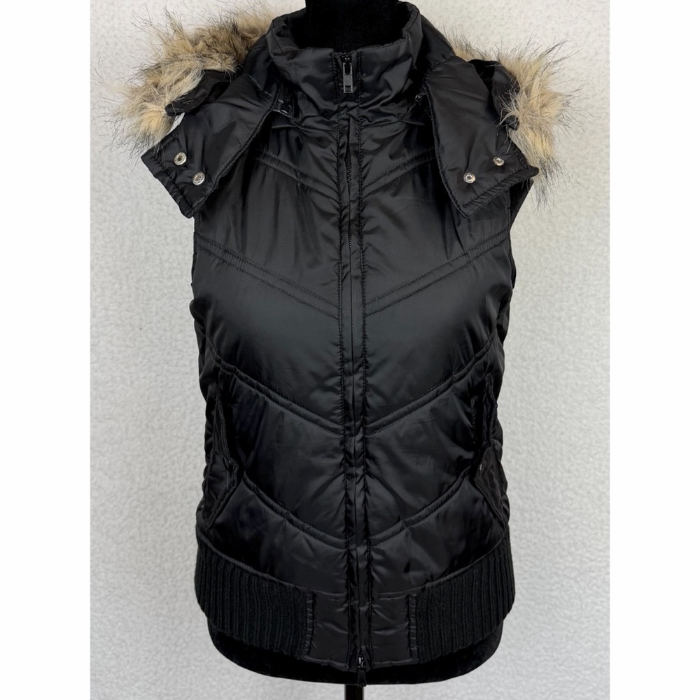 (VTG) FOREVER 21 • Black/Tan Y2K Quilted Zip-Up Vest w/ Faux Fur Trimmed Hood, S - Picture 2 of 15